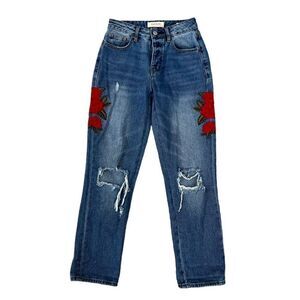Pacsun women mom jeans floral embroidered size 23 denim blue cropped jeans